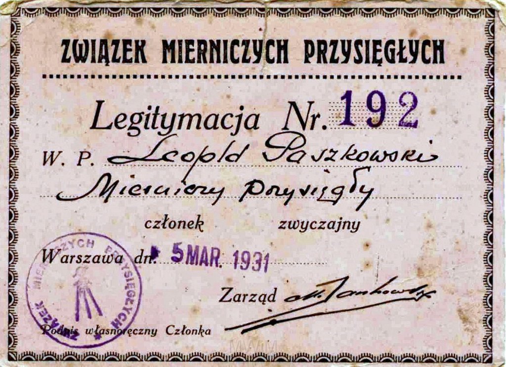 KKE 5932.jpg - Dok. Legitymacja Leopolda Kleofasa Paszkowskiego stwierdzająca przynależność do Związku Mierniczych, Warszawa, 5 III 1931